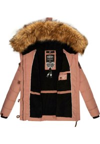 Roze waterdichte jas met een nep bont capuchon, zwarte fleece binnenvoering en binnenzakken. Heeft een gequilt ontwerp en verstelbare koorden.