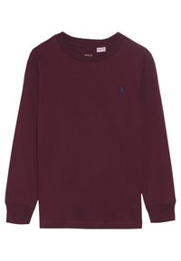 Burgundy långärmad T-shirt i bomull, med rundhalsringning, ribbade ärmmuddar och en liten marinblå logo på vänster bröst.