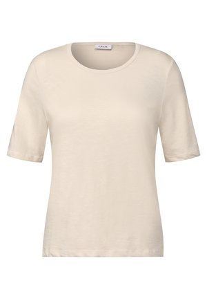 Cremefarbenes Kurzarm-T-Shirt aus weichem Stoff, mit rundem Halsausschnitt und lockerer Passform sowie geradem Saum.