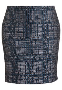 Jupe crayon texturée avec un motif bleu et noir, dotée d'un design ajusté et d'une taille. Fabriquée à partir d'un tissu tissé avec brillance.