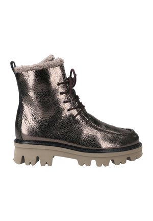 Metallisch bronzefarbenes Schnürboot mit strukturiertem Finish, Kunstfellfutter und robustem beigen Sohlen. Verfügt über Ösen und ein rundes Zehen-Design.