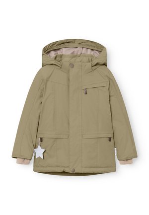 Khakifarbene Winterjacke mit Kapuze, Frontreißverschlüssen und Druckknopfverschluss. Verfügt über zwei Seitentaschen und ein dekoratives Sternanhänger.