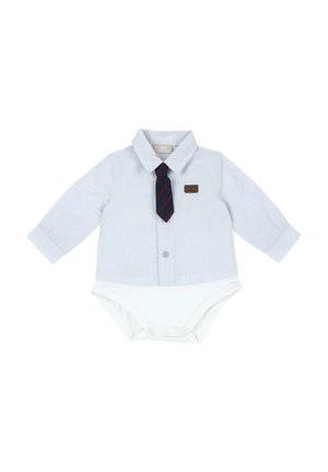Body bébé blanc à manches longues avec fines rayures bleues, col, cravate attachée rayée bleu foncé et rouge, et fermeture par pressions en bas.