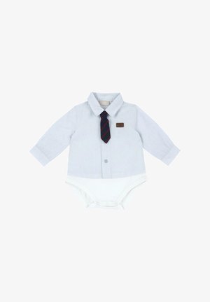 Body bébé blanc à manches longues avec fines rayures bleues, col, cravate attachée rayée bleu foncé et rouge, et fermeture par pressions en bas.