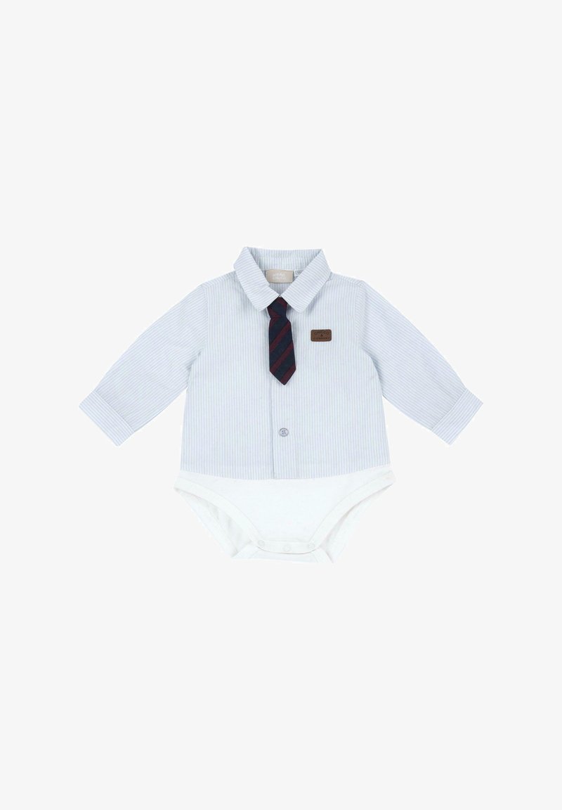 Body bébé blanc à manches longues avec fines rayures bleues, col, cravate attachée rayée bleu foncé et rouge, et fermeture par pressions en bas.