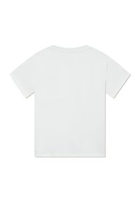 Weißes Kurzarm-T-Shirt aus glattem Baumwollstoff, mit Rundhalsausschnitt und einem schlichten, klaren Schnitt ohne Verzierungen.