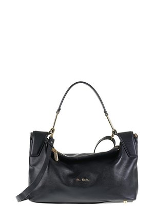 Sac à main en cuir noir avec quincaillerie dorée, anse supérieure, bandoulière et logo Pierre Cardin à l'avant.