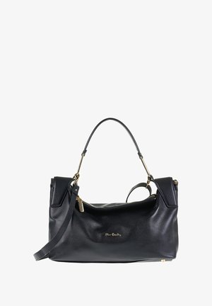 Schwarze Lederhandtasche mit goldfarbenen Beschlägen, Obergriff, Schulterriemen und Pierre Cardin-Logo auf der Vorderseite.