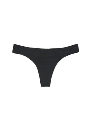 Perizoma nero da donna a vita bassa con fascia stretta e copertura minima, disteso su sfondo bianco.