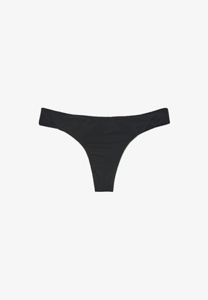 Perizoma nero da donna a vita bassa con fascia stretta e copertura minima, disteso su sfondo bianco.