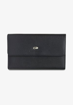Black leather wallet with a textured surface, rectangular shape, and a silver metal clasp featuring an embossed logo on the front.