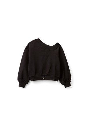 Sweat-shirt noir court avec manches longues bouffantes, large encolure côtelée, poignets et ceinture, posé à plat sur un fond blanc.