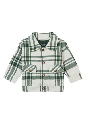 Cremefarvet og grønternet jakke til småbørn med stor krave, knapper foran og to klaplommer med knapper.