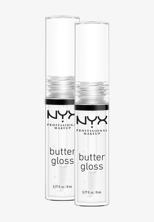 Zwei durchsichtige Tuben NYX Professional Makeup Butter Gloss, jeweils mit 0,27 fl. oz. / 8 ml klarem Lipgloss gefüllt.