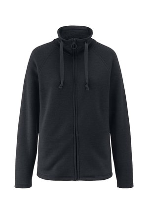 Schwarze langärmelige Jacke mit Reißverschluss, hohem Kragen und Kordelzug aus weichem Fleece, abgebildet auf weißem Hintergrund.