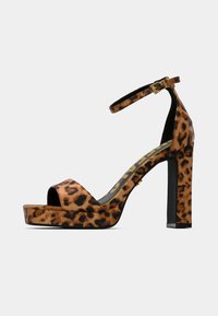 Sandalias de tacón alto con estampado de leopardo, plataforma, diseño de punta abierta, correa ajustable en el tobillo y tacón bloque. Presentan un acabado brillante.