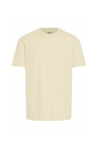 Kortærmet t-shirt i lys beige bomuld, rund hals design, enkel silhuet, ingen mønstre eller accenter, glat tekstur.
