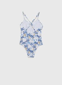 Maillot de bain une pièce blanc avec un motif floral et de feuilles bleu, bretelles croisées réglables et un dos en scoop. Tissu texturé.