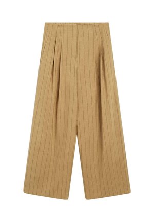 Beige broek met wijde pijpen, subtiele verticale krijtstrepen en plooien aan de voorkant, gemaakt van zacht, gestructureerd stof.