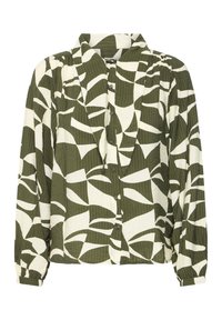 Langærmet skjorte med knaplukning, i olivengrøn og hvidt abstrakt bladmønster og med en løs sløjfekrave.