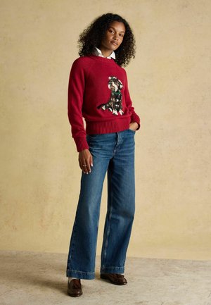 Roter gestrickter Pullover mit Hundemotiv, kombiniert mit weit geschnittenen blauen Jeans und braunen Mokassins, vor einem neutralen Hintergrund.