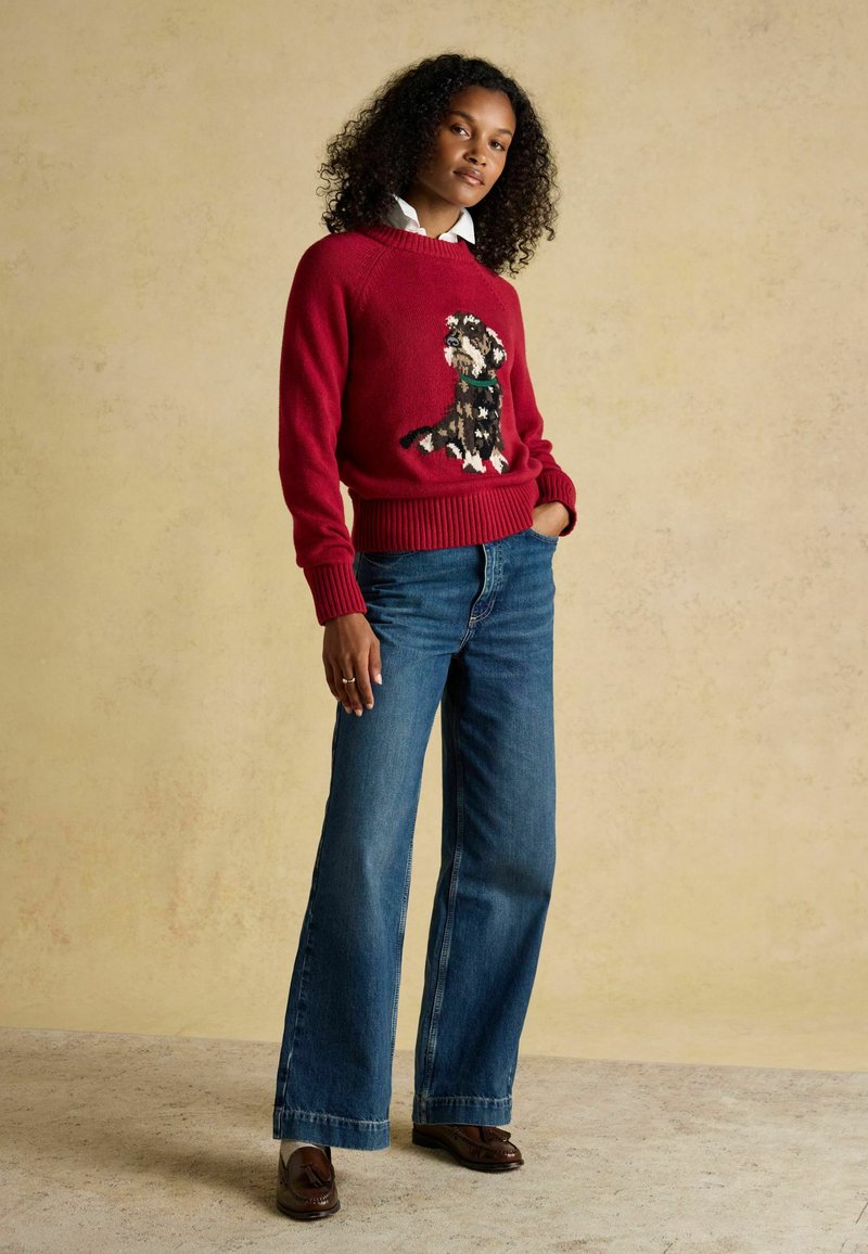 Červený pletený sveter s motívom psa, skombinovaný so širokými modrými džínsami a hnedými mokasínami, na neutrálnom pozadí.