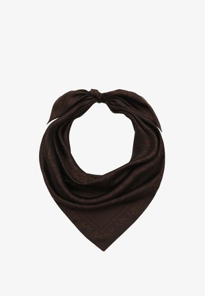 Brun tørklæde i trekantet form med en glat tekstur, der har et monogram-mønster over hele. Afsluttet med knyttede ender.
