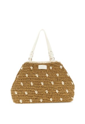 Hnědá tkaná kabelka s bílými puntíky, bílými pletenými uchy a malou obdélníkovou značkovou cedulkou na přední straně.