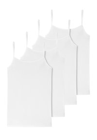 Set of five white camisoles with thin straps, made from soft, lightweight fabric; each features a straight hem and a smooth texture.