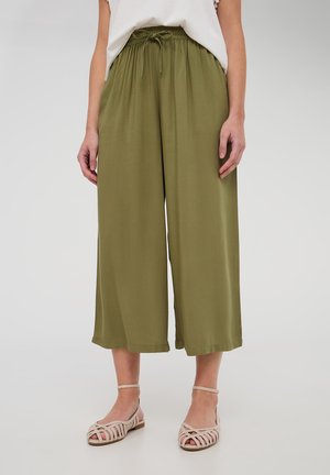 Pantaloni a gamba larga verde oliva realizzati in tessuto leggero, con vita elastica e cordino per una vestibilità regolabile.