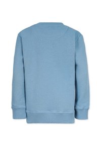 Ljusblå crewneck sweatshirt med långa ärmar, ribbade avslut och hamn, mjuk textur och en sömlös baksidedesign.