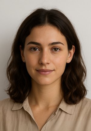 Lys beige skjorte med krave, bølget mørkebrunt hår, minimal makeup og små bjergformede øreringe mod en neutral baggrund.