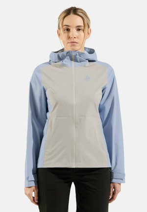 Lightweight, two-tone jacket featuring a light gray front and blue sleeves, with a zip closure and adjustable hood for comfort and protection.