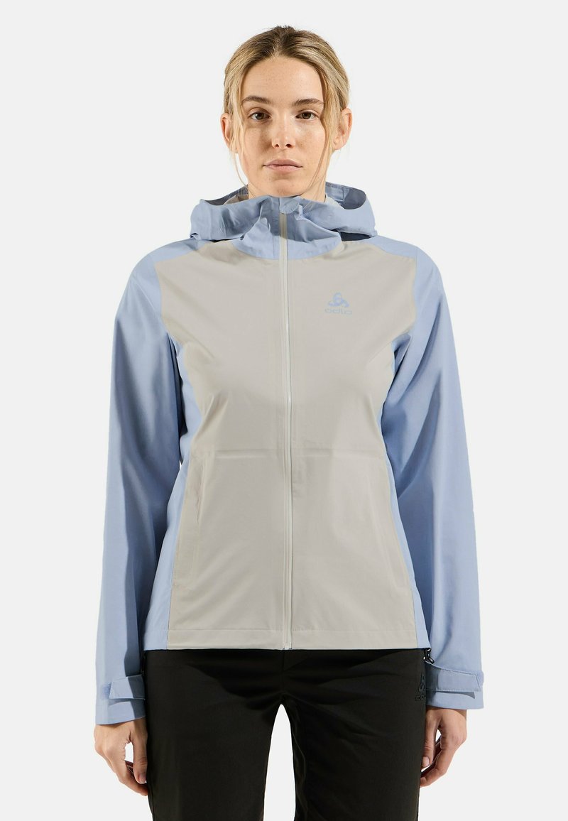 Lightweight, two-tone jacket featuring a light gray front and blue sleeves, with a zip closure and adjustable hood for comfort and protection.