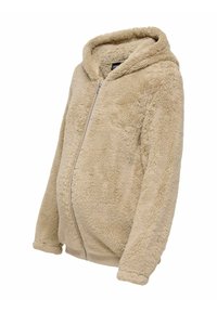 Beige, donzige zip-up hoodie met lange mouwen en een capuchon, gemaakt van zachte, pluizige stof voor warmte.