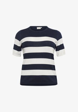 Marineblå og hvid stribet strik-top med korte ærmer, rund halsudskæring og ribbet kant. Glat tekstur med ensartet mønster over det hele.