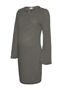 Μακρυμάνικο φόρεμα μέχρι το γόνατο με μαύρες και άσπρες ρίγες, στρογγυλή λαιμόκοψη και εφαρμοστή σιλουέτα.