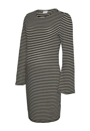 Černobílé proužkované šaty s dlouhými rukávy sahajícími do délky ke kolenům, s kulatým výstřihem a přiléhavým střihem.