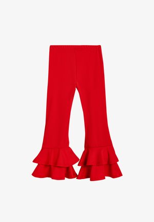 Pantalones rojos acampanados hechos de un material suave y elástico, con acentos de volantes en el dobladillo y una cintura elástica para mayor comodidad.