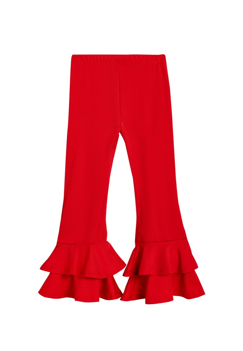 Rode flare-broek gemaakt van zachte, rekbare stof met gerimpelde accenten aan de zoom en een elastische taille voor comfort.
