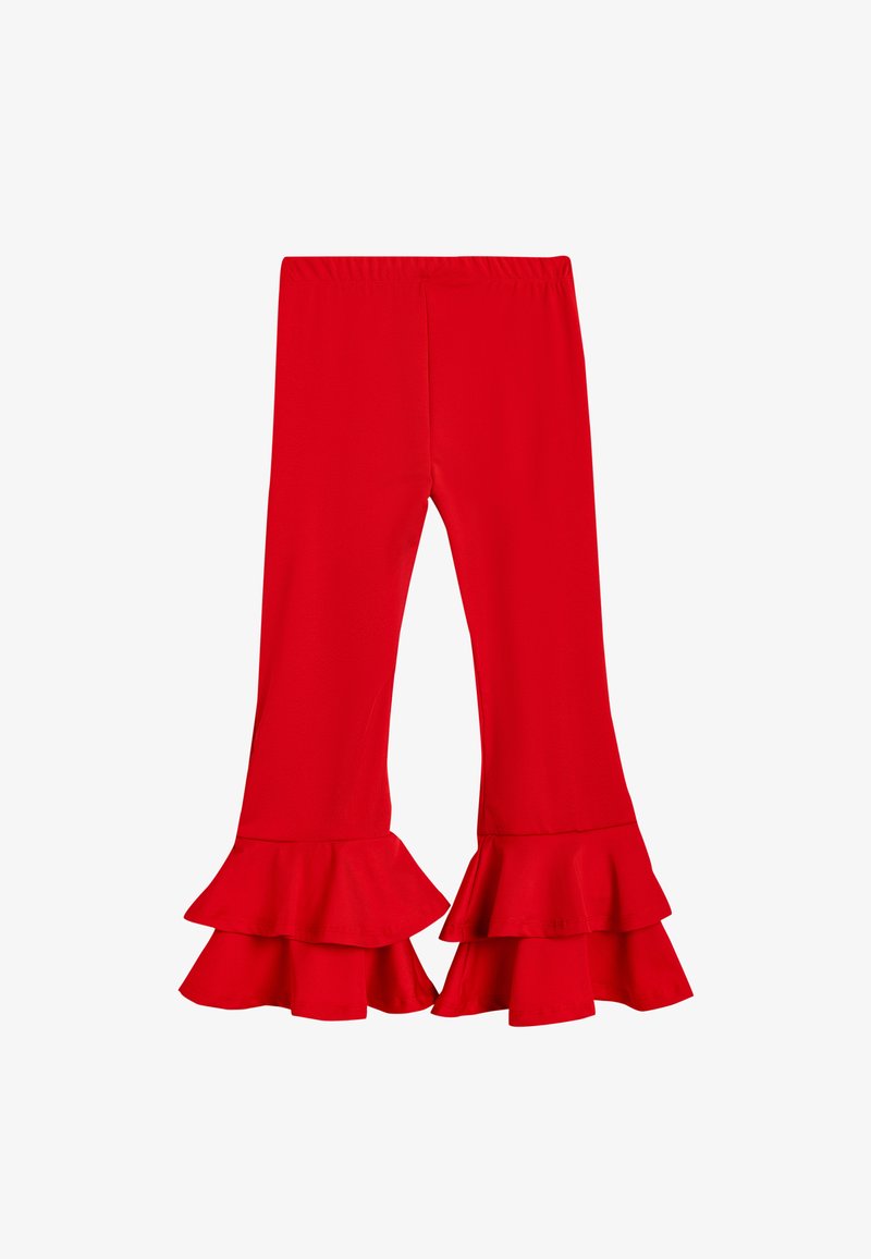 Red flared pants made of soft, stretchy material with ruffled accents at the hem and an elastic waist for comfort.