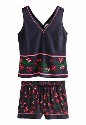 Marine badpakset met een mouwloos topje met roze bies en bloemenprint, gecombineerd met bijpassende bloemen shorts met een elastische tailleband.