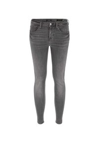 Grå smala jeans gjorda av denimtyg, med en klassisk femfickdesign, knappstängning och en lätt tvättad textur.