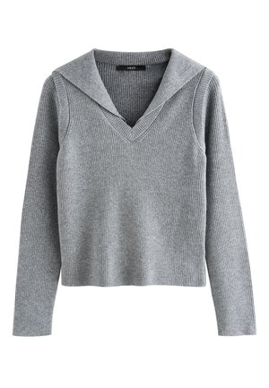 Grå ribstrikket langærmet sweater med V-hals og bred krave, kort længde, let stof og tætsiddende silhouet.