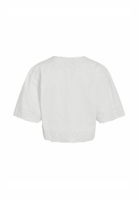 Haut à manches courtes blanc avec un col arrondi. Présente des broderies décoratives le long du haut du dos et de l'ourlet. Texture en coton douce.