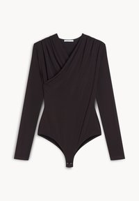 Czarny bodysuit z długim rękawem, posiadający krój z przewiązaniem i zgromadzone detale na ramionach, z zapięciem na napy na dole oraz gładką powierzchnią materiału.