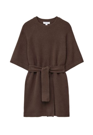 Brown knitted sweater dress with short sleeves, ribbed cuffs, and a matching tie belt. Soft texture and loose, relaxed fit.