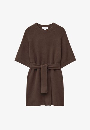 Braunes gestricktes Pulloverkleid mit kurzen Ärmeln, gerippten Bündchen und einem passenden Bindegürtel. Weicher Stoff und lockere, entspannte Passform.