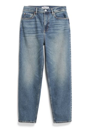 Light blue denim jeans with a straight-leg design, five pockets, and a button-fly closure. Features subtle fading and stitching details.