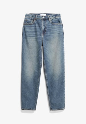 Hellblaue Denim-Jeans mit geradem Bein, fünf Taschen und einem Knopfverschluss. Merkmale sind dezente Ausbleichungen und Nähdetails.